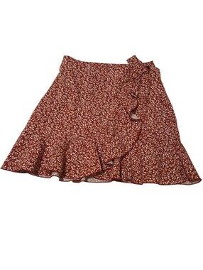 Rust Floral Ruffle Wrap Skirt